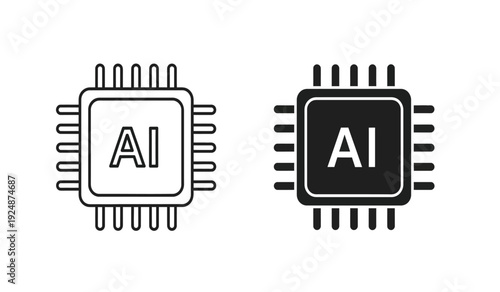 Black and white ai chip icons with microprocessor design elements