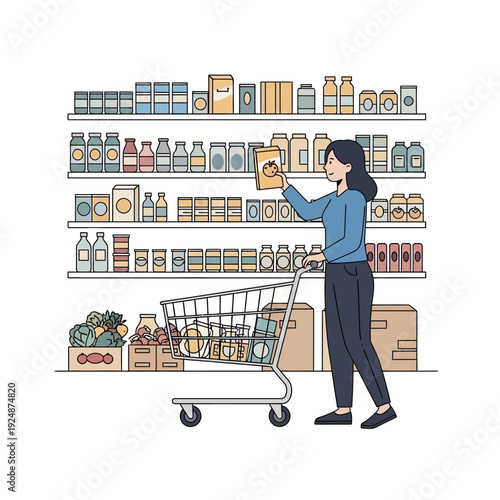 Woman Shopping for Groceries in Supermarket Aisle with Full Cart