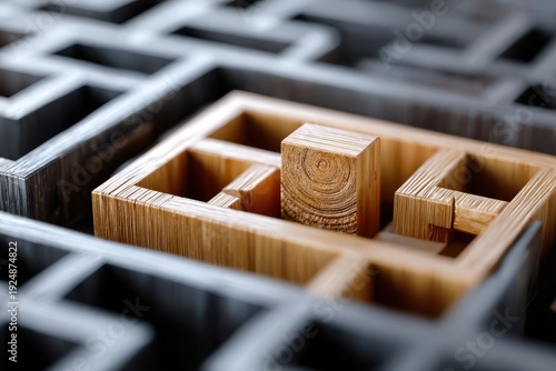 Intricate wooden maze design highlighting a single central block in detailed craftsmanship