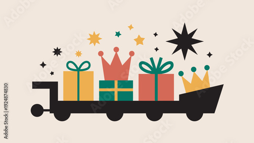 A colorful illustration of a wheelbarrow filled with gifts and crowns surrounded by stars.