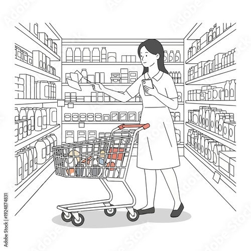Woman Shopping for Groceries with a Cart in a Supermarket Aisle