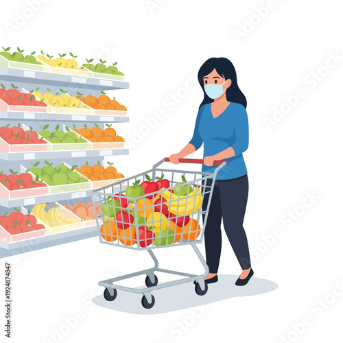 Woman wearing face mask pushing shopping cart full of fresh fruits in supermarket aisle