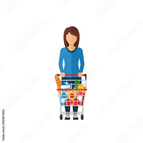 Woman with full shopping cart, groceries, supermarket, flat design
