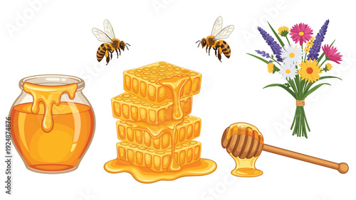 Sweet collection of honey products including a glass pot, stacked honeycomb dripping with honey, a dipper, bees, and wildflowers.