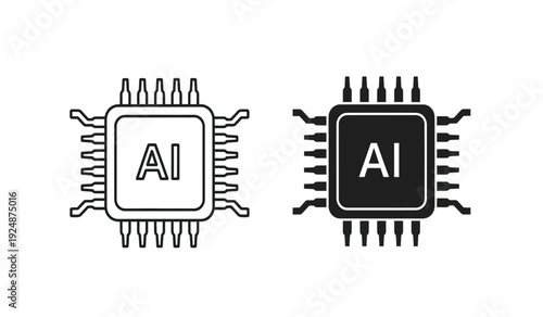 Two ai chip icons in black and white with microprocessor design elements on a pure