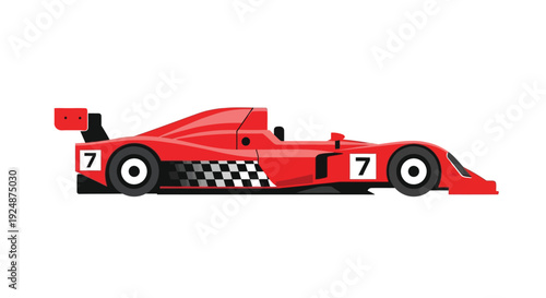 A red race car with a large rear wing viewed from the side in vector style