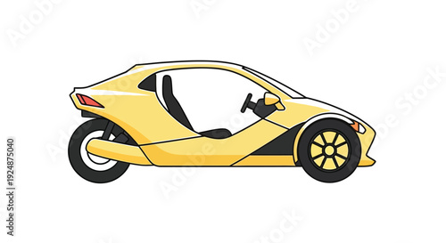 Yellow three wheeled vehicle illustration side profile depicting a unique automotive design