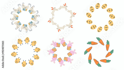 Cute Easter circle frame set with a hand drawn bunny, chicken, carrot and decorated Easter eggs. Playful flat illustration perfect for holiday cards, spring designs, children’s projects, and seasonal 