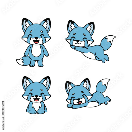 Cute cartoon blue fox in various poses with smiling face