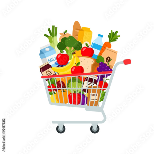Full Grocery Cart: Fresh Produce, Dairy, Bread, Coffee, and Snacks - Vector Art