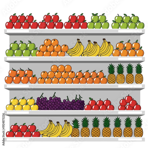 Fresh Fruit Assortment on Supermarket Shelves: Apples, Oranges, Bananas, Grapes, Pineapples
