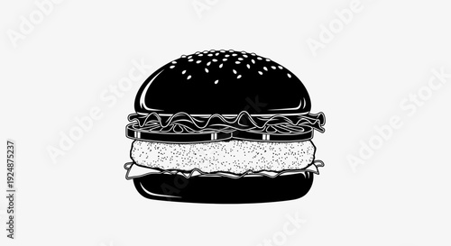Black and White Burger Illustration with Sesame Seeds on Bun