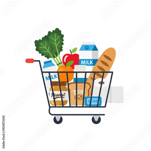 Full grocery cart with fresh food and essentials, shopping concept illustration