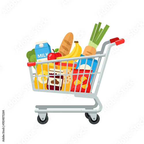 Full Grocery Cart with Assorted Food Items, Shopping, and Healthy Produce