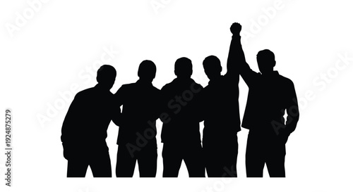 Silhouetted group of people with one person raising a fist in the air