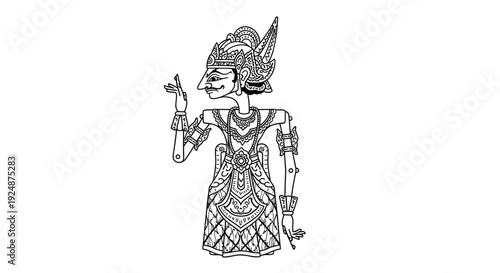 Traditional Javanese Wayang Kulit Shadow Puppet, Cultural Art, Black and White Line Drawing