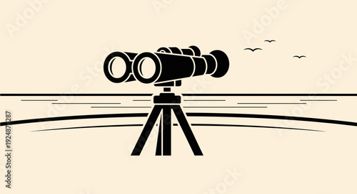 Binoculars on tripod overlooking ocean horizon with birds flying