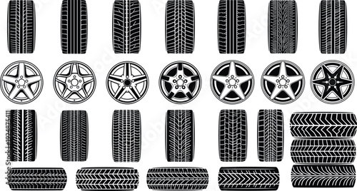 Car tire tread and alloy wheel collection automotive wheel rim set detailed vehicle tire pattern vector illustration isolated design pack