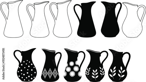 Ceramic pitcher silhouette set with decorative floral patterns vintage jug collection kitchen pottery vector illustration isolated elegant container design pack