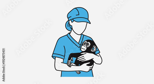 Veterinarian holding a chimpanzee baby in arms, animal care, conservation, wildlife rescue