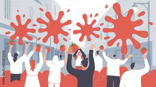 A group of people protesting in the street with tomatoes and red paint splatters