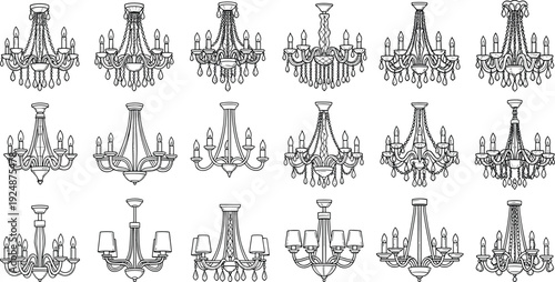 Chandelier line art collection featuring classic crystal ceiling lights elegant vintage interior lighting fixtures vector outline illustration isolated design set