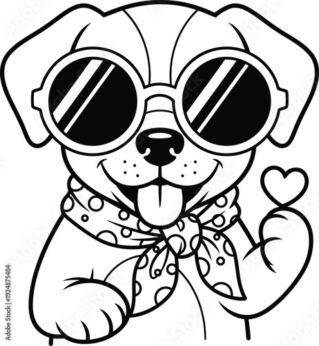 Cartoon puppy wearing sunglasses and scarf holding a heart character animal