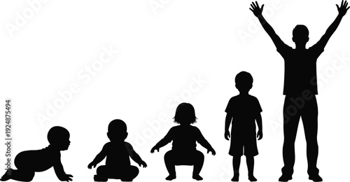 Child growth stages silhouette set baby crawling sitting toddler standing kid and adult human development vector illustration isolated collection design