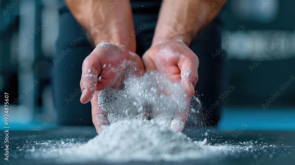 Fototapeta premium Hands Releasing Fine Powder in a Gym Environment, Symbolizing Strength Training and Athletic Preparation for Workout Sessions