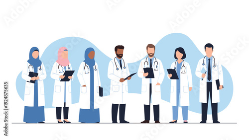 Professional medical team of diverse male and female doctors and nurses standing together in white coats with stethoscopes.