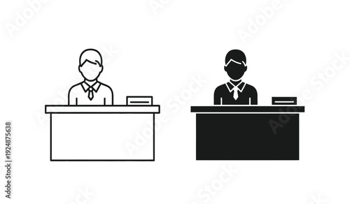 Two people wearing face masks sitting at counters in line icon set