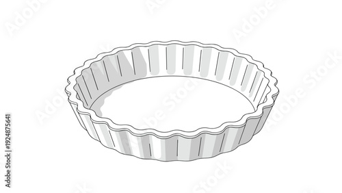 Black and white line art illustration of an empty round tart pan with a fluted edge for baking quiches, tarts, and pies.