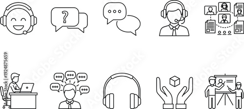 Customer support communication icon set headset chat service help desk operator business assistance vector line illustration isolated collection design
