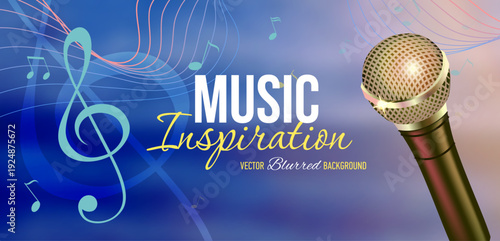 Horizontal music inspiration banner with a soft blurred sea background, flowing musical staff shaped like a wave, flying notes, treble clef and realistic microphone.
