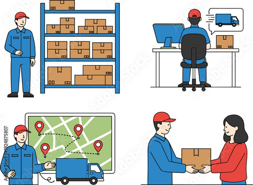 Delivery logistics service illustration set courier warehouse shipping tracking and package handover flat design vector collection isolated business concept