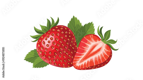 Juicy red strawberry illustration showing one whole berry with green leaves and another sliced in half to reveal the inside.