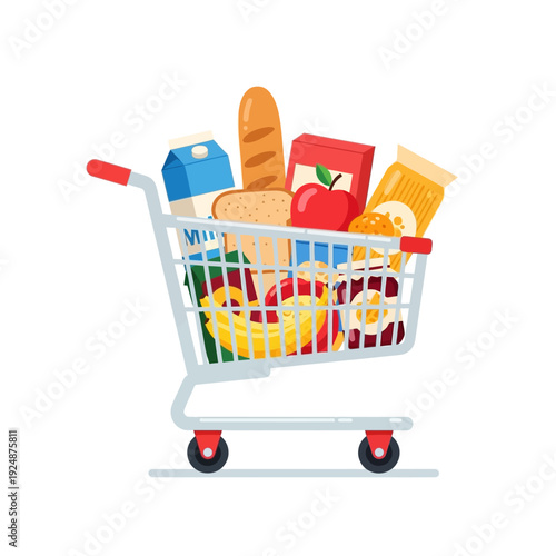 Grocery Shopping Cart Full of Food Products, Healthy Eating, and Convenience