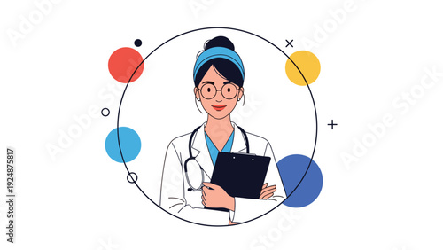 Portrait of a young female doctor with glasses and a headband, holding a clipboard inside a circular frame with colorful elements.