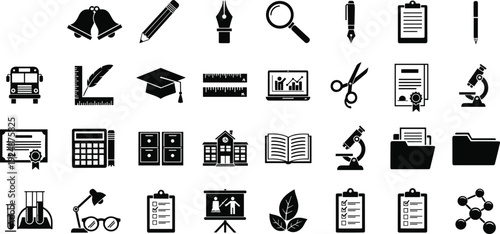 Education school office and science icon set featuring learning tools stationery research symbols academic classroom vector silhouette collection isolated design