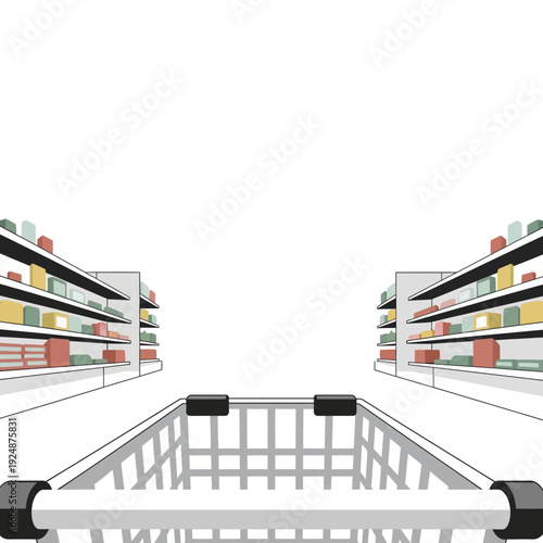 Grocery Shopping Cart POV in Supermarket Aisle with Shelves - Vector Illustration