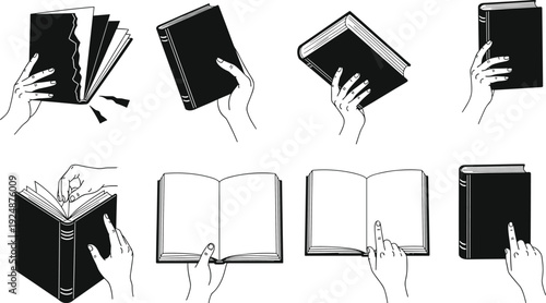 Hand holding book illustration set reading learning education concept open and closed books vector line art collection isolated design