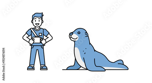 Smiling Zookeeper with Seal in Zoo Enclosure, Animal Training Session