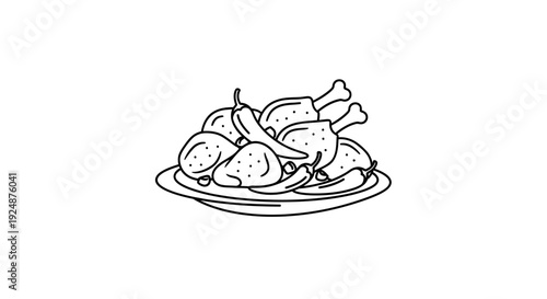 Spicy Fried Chicken Drumsticks and Wings with Chili Peppers on Plate, Line Art Icon