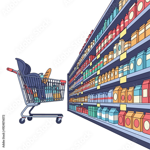 Shopping Cart Full of Groceries Next to Supermarket Shelves
