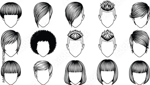 Modern hairstyle collection short long bob and spiky haircuts line art barber salon fashion vector illustration isolated design set