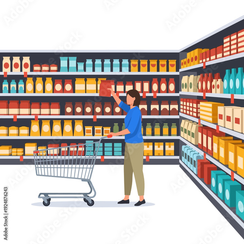 Woman choosing groceries in supermarket aisle with shopping cart, shelves filled with products.