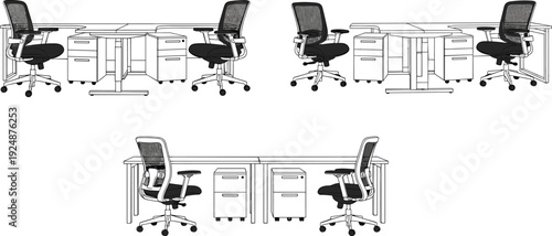 Modern office workstation desk and ergonomic chair line art set corporate workspace furniture layout vector illustration isolated interior design concept