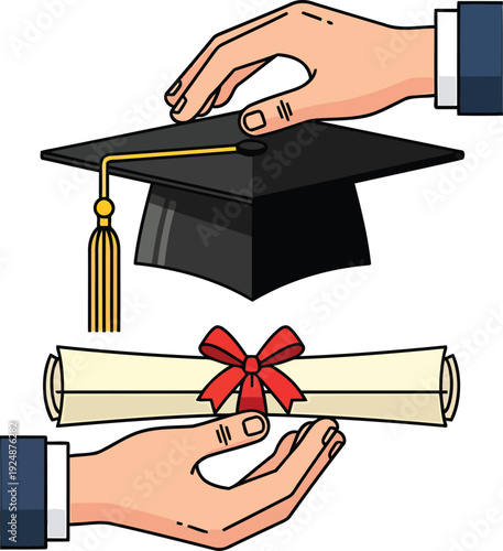 Graduation Cap and Diploma Presented by Hands on White Background scroll