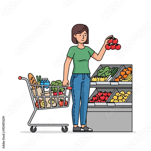 Woman choosing fresh tomatoes at a grocery store produce aisle with shopping cart