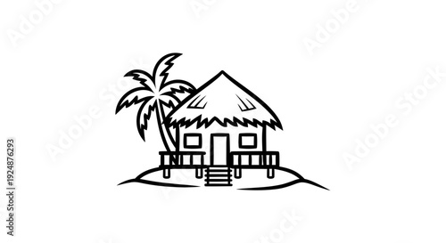 Tropical Beach Hut Icon with Palm Tree - Minimalist Line Art